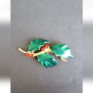 Vintage Holly Green Enamel Rhinestone Goldtone Brooch Pin 1990s Signed AAI